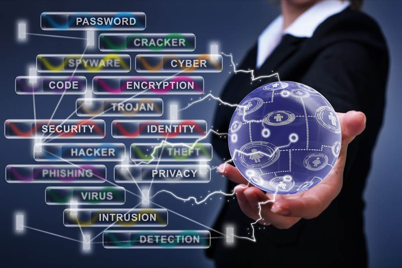 woman holding a ball with cyber security facets