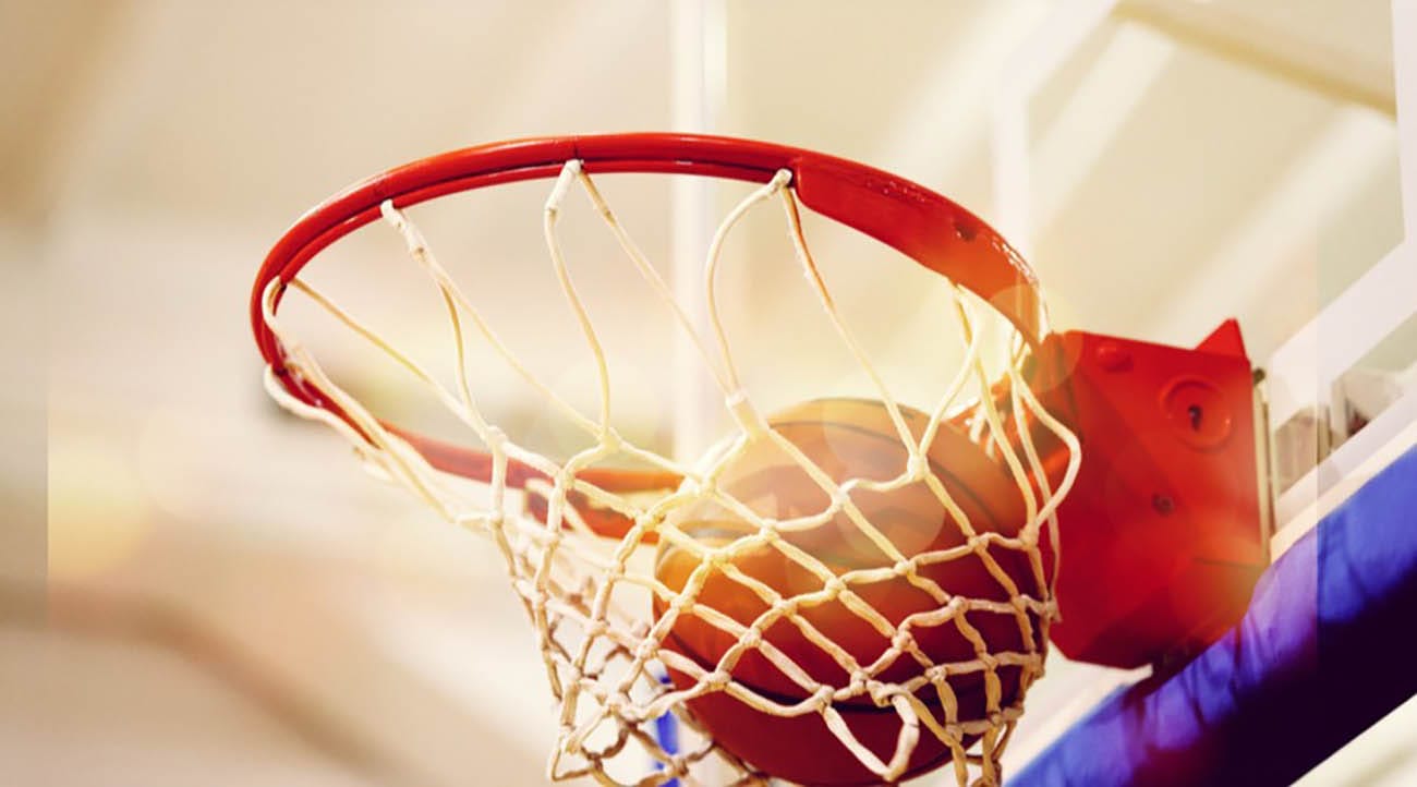 Basketball in a basketball hoop