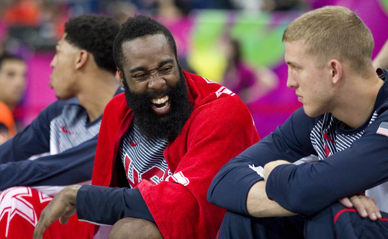 James Harden laughing with another player.