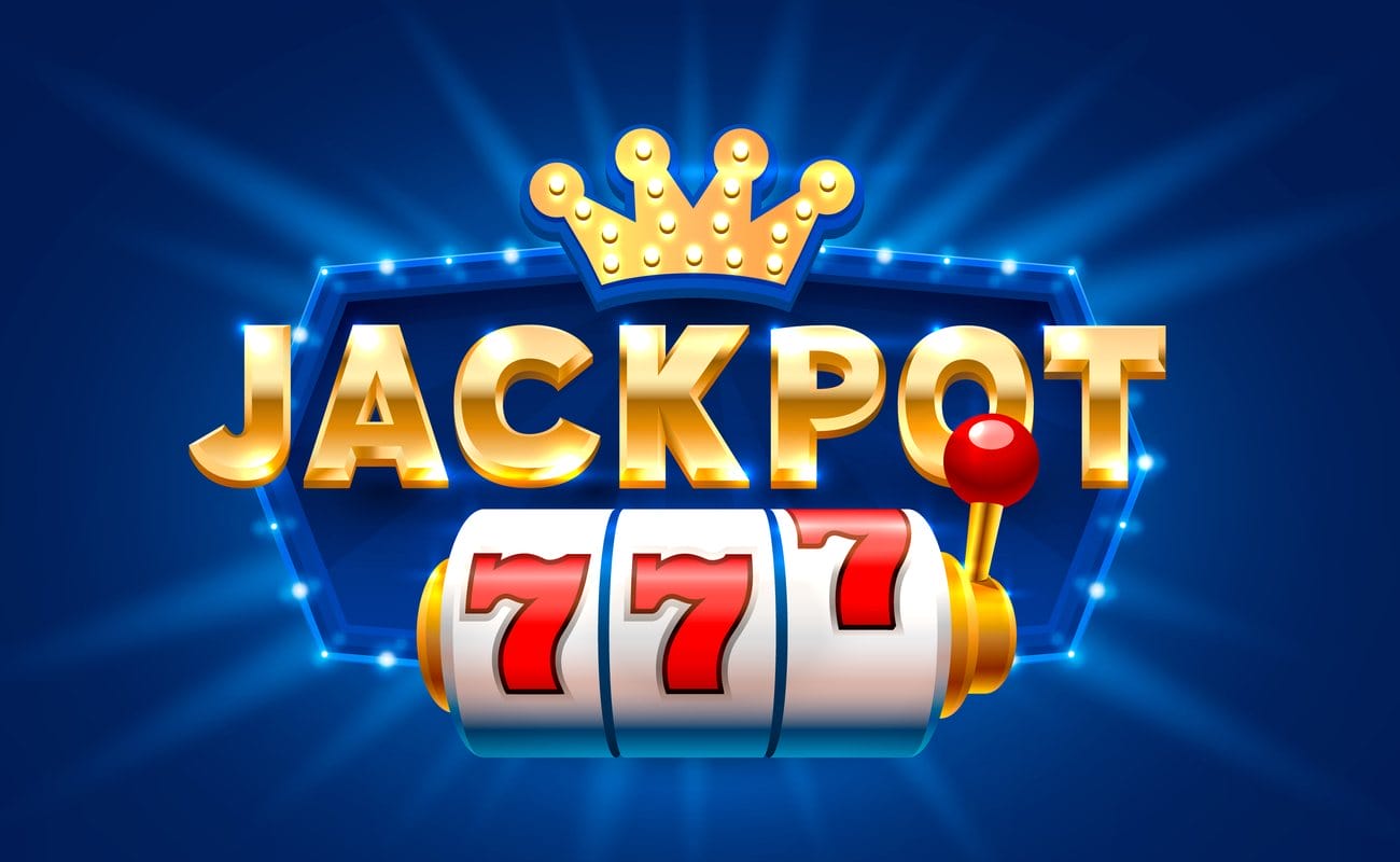 Big gold lettering spells out ‘JACKPOT’ with three 7 numbers on the slot reels, on a blue background. 