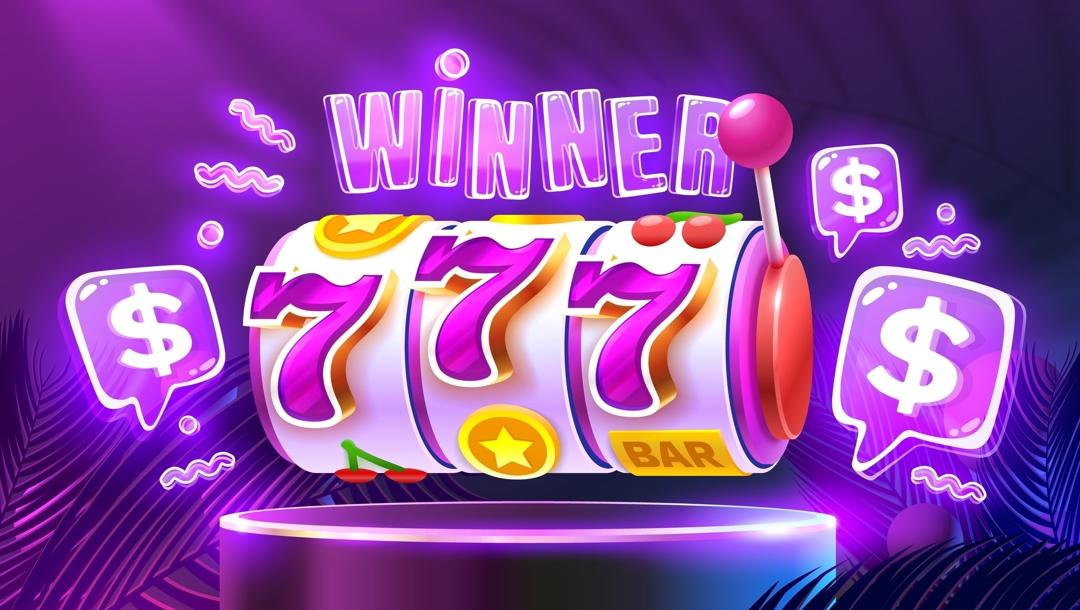 An illustration of a slot reel with three sevens, surrounded by speech bubbles with dollar signs. Above the reel is the word winner, while there is an arm to spin the reels attached to the right of the reels. The reel floats above a circular stage.