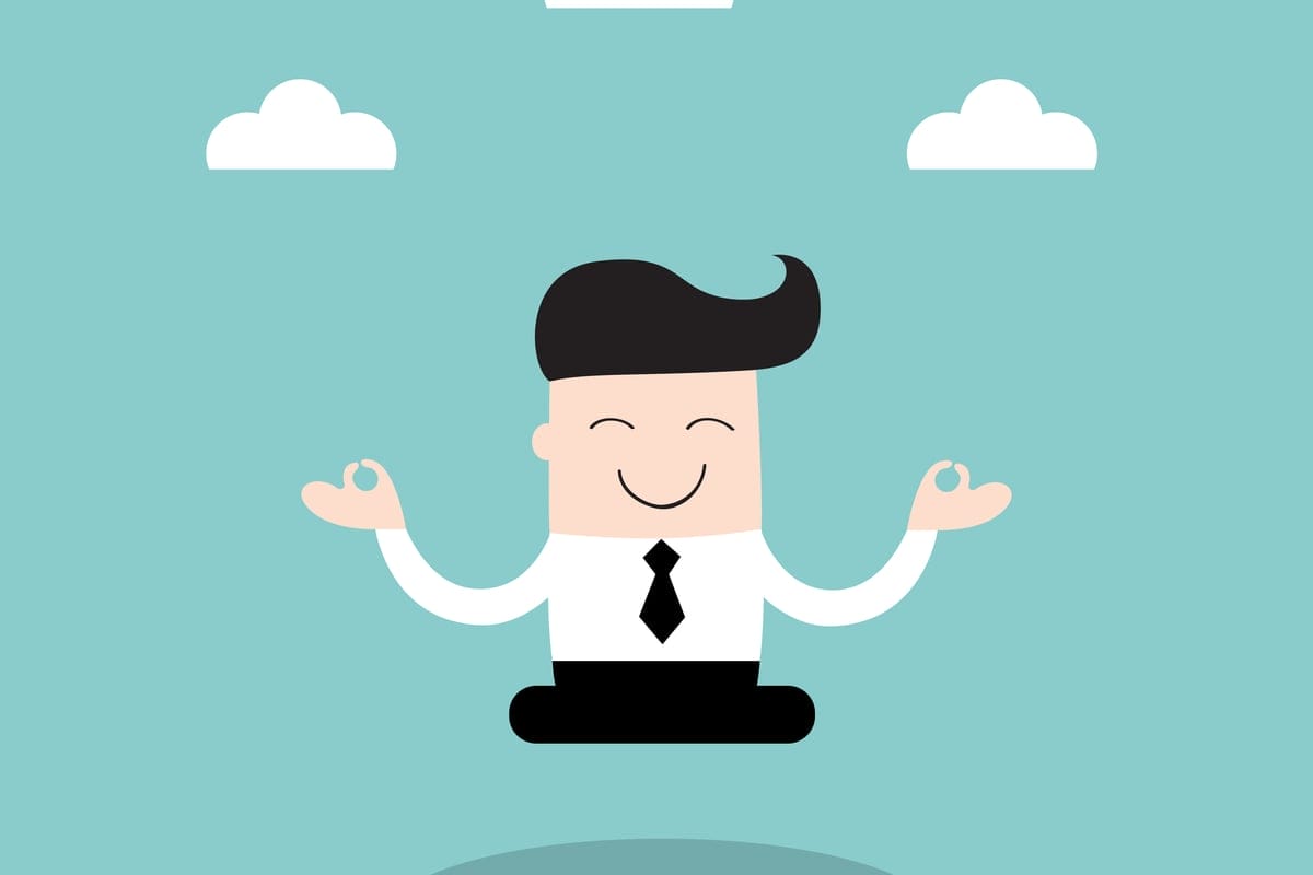 Cartoon man wearing a suit meditating outside under clouds in a blue sky