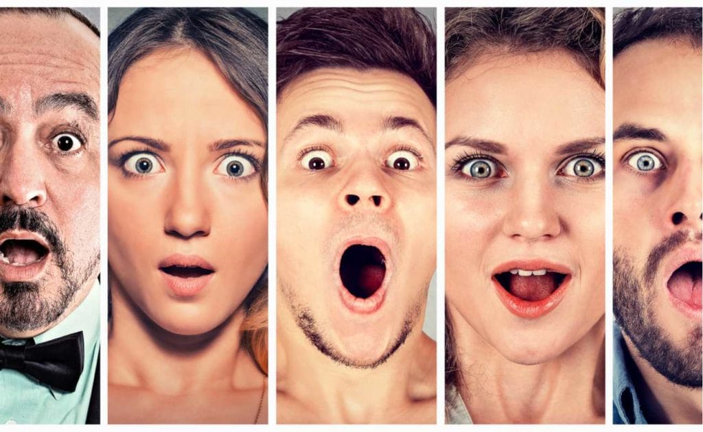 A range of surprised and shocked people’s faces