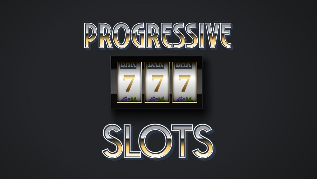 Illustrated image featuring the words “Progressive Slots” in bold, stylised text, with a slot machine reel showing a winning combination of golden 7s and BAR symbols on a dark background.