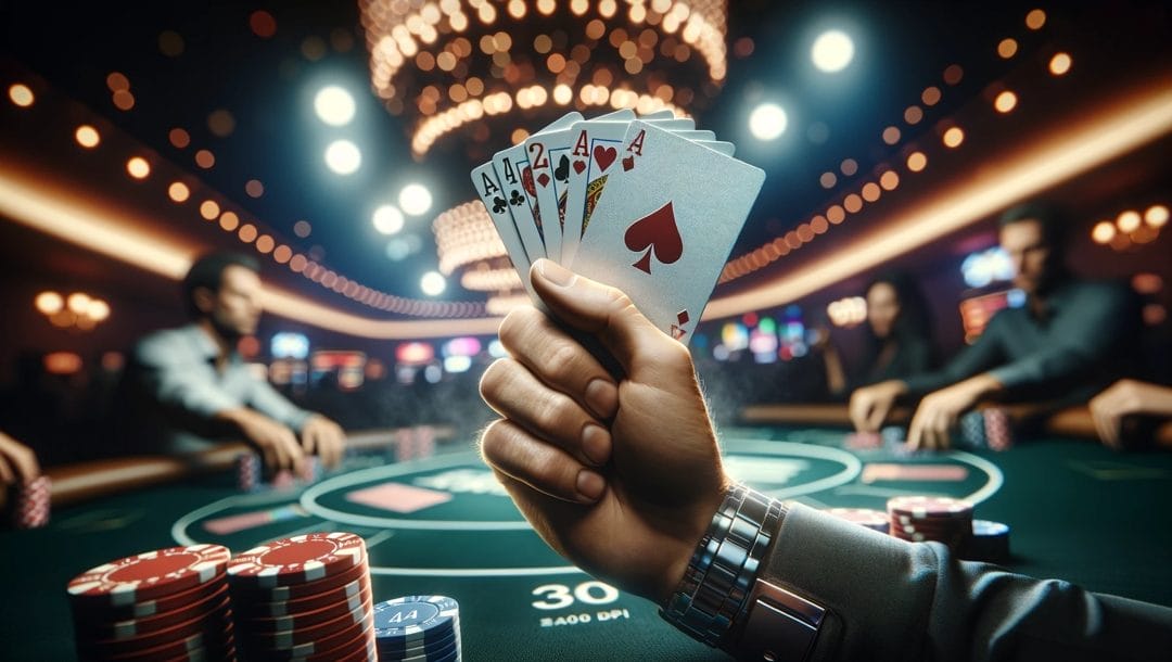 a hand holding 5 cards up in a fanned position in front of a poker table where other players are sitting. Image from the card holder's perspective.  