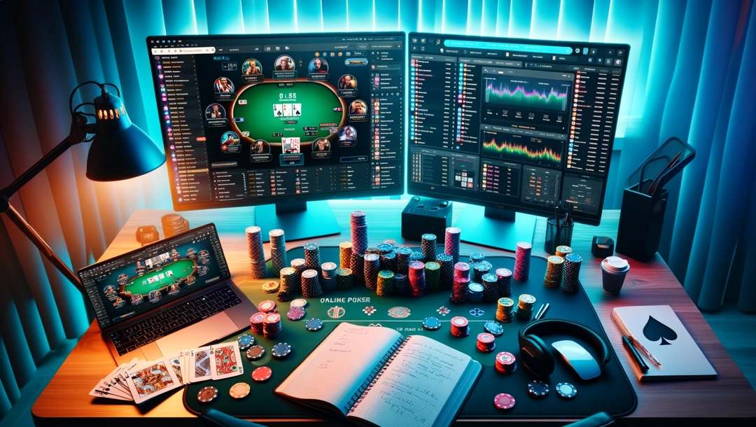 A table with a laptop and two additional screens showing poker games and poker stats. Also on the table are poker chips and notebooks.
