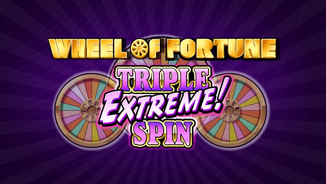 The title sceen for Wheel of Fortune Triple Extreme Spin, featuring three bonus wheels behind the game logo, all on a purple background.
