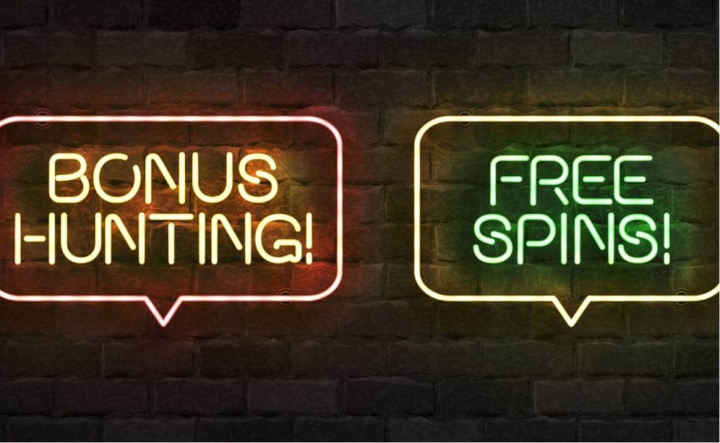 Vector set of a realistic isolated neon sign of Bonus Hunting and Free Spins