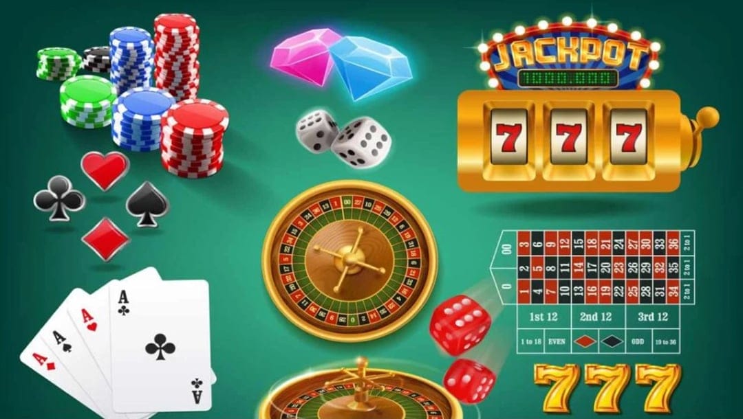 Types of casino equipment on the green background