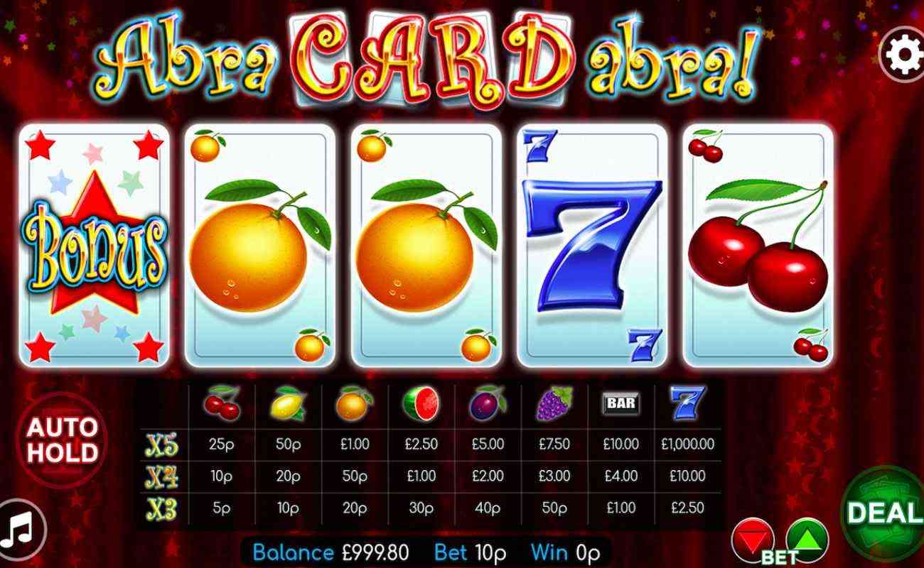 Abracardabra slots game screenshot with fruit and number 7 on cards