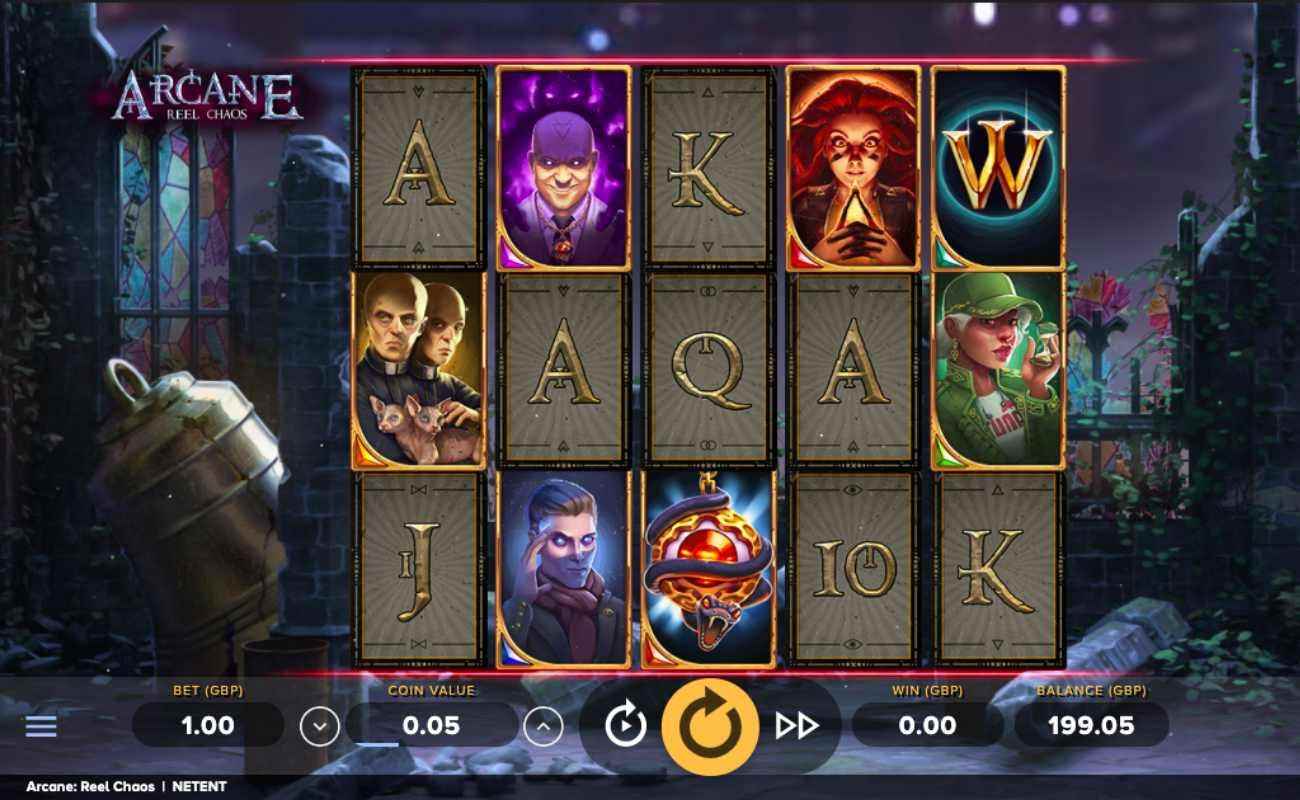 Arcane: Reel Chaos slot screenshot with game characters and letters on cards