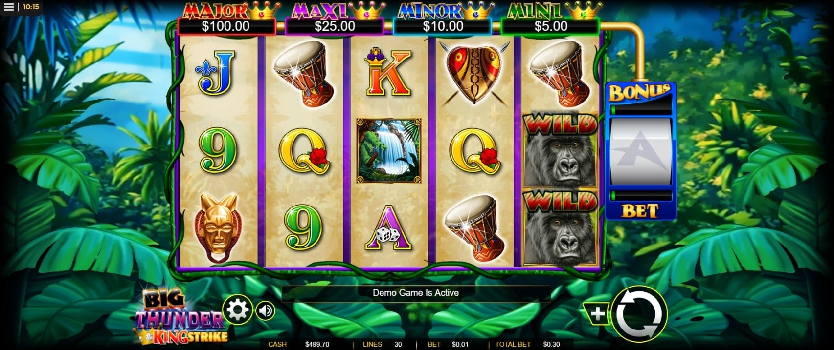 Big Thunder King Strike slot screenshot with  two gorillas and jungle in the background