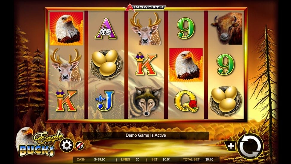 Eagle Bucks slot screenshot of the demo game with various wild animals on the screen