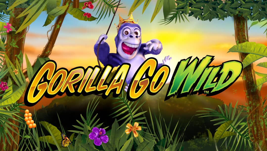 The Gorilla Go Wild title screen. It features the game mascot, a purple gorilla wearing a crown, swinging on a vine in the jungle. The title “Gorilla Go Wild” is in the center of the image, just in front of the gorilla.