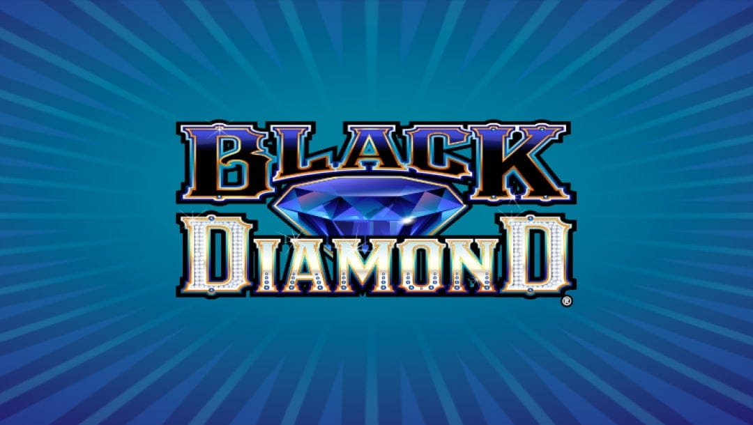Black Diamond online slot game logo in black, silver, and blue. There is a blue diamond in the middle of the logo. The background is different shades of blue.