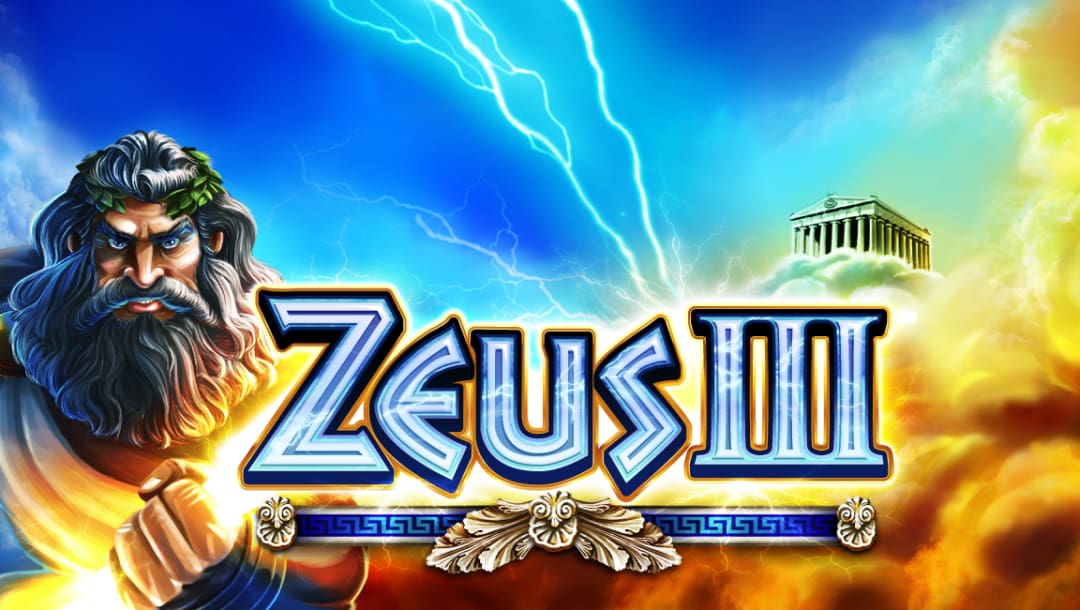 The title screen for the Zeus III slot game, featuring Zeus with his lightning bolt in his hand, standing next to the game logo with Olympus in the background.