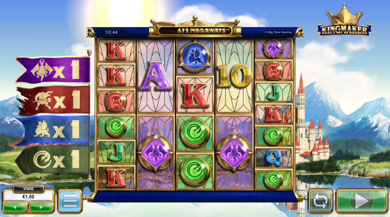 King Maker slot screenshot with four flags on the left and a castle and mountains on the background.