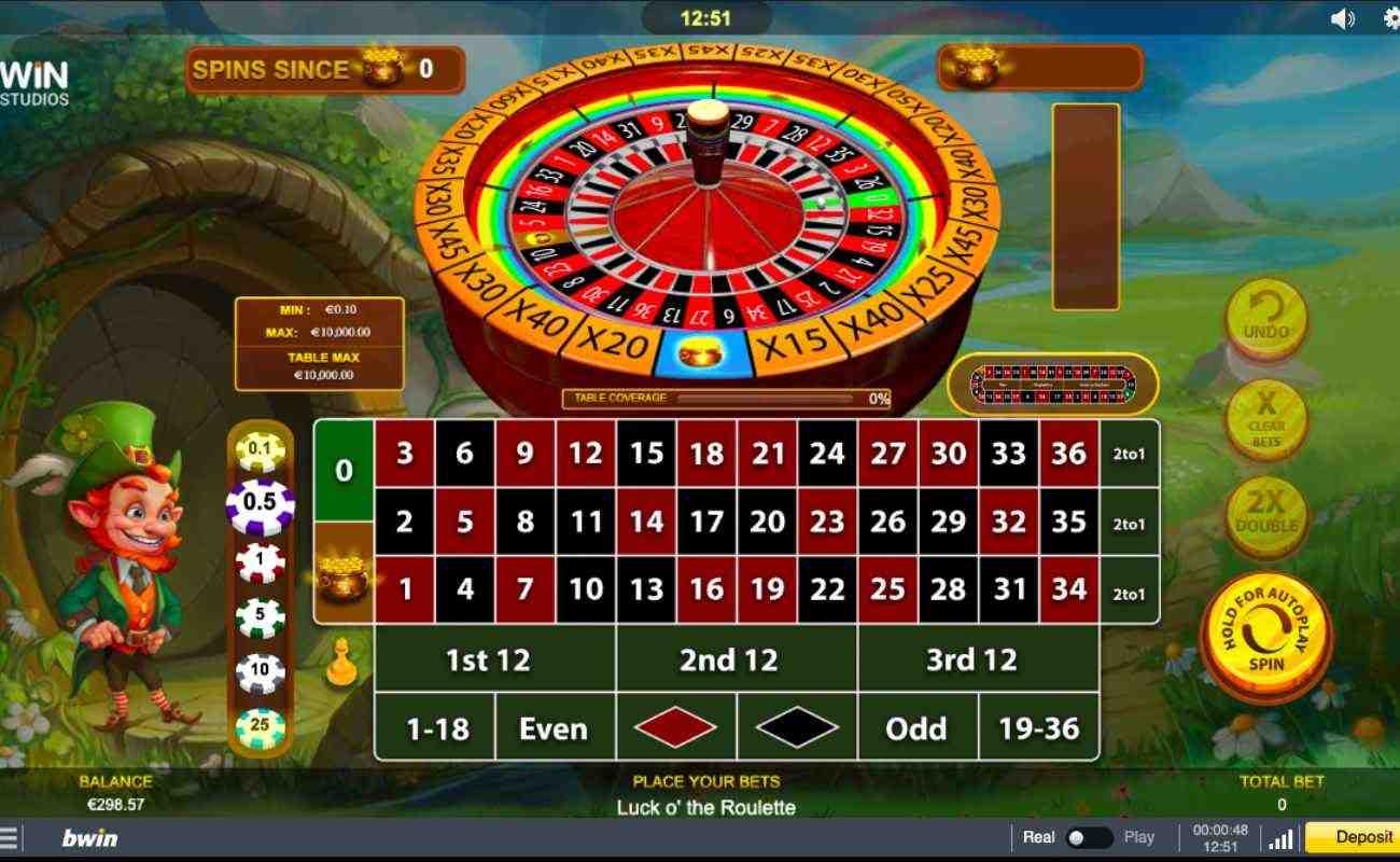 Luck O’Roulette screenshot with leprechaun and roulette table on green background