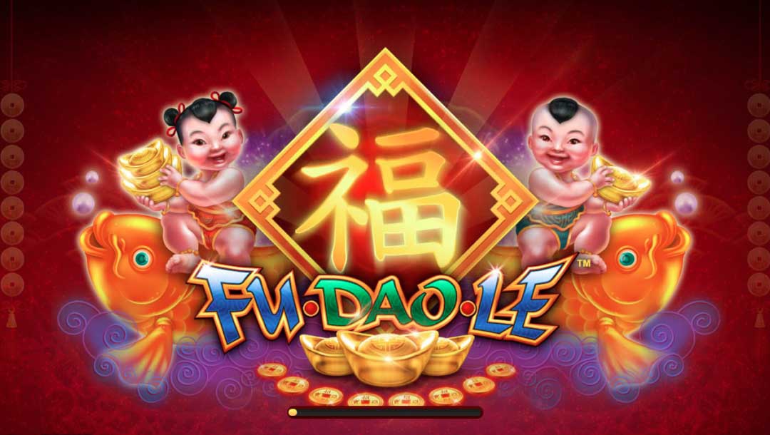 Fu Dao Le slot game loading screen with gold and the Fu babies on koi fish.