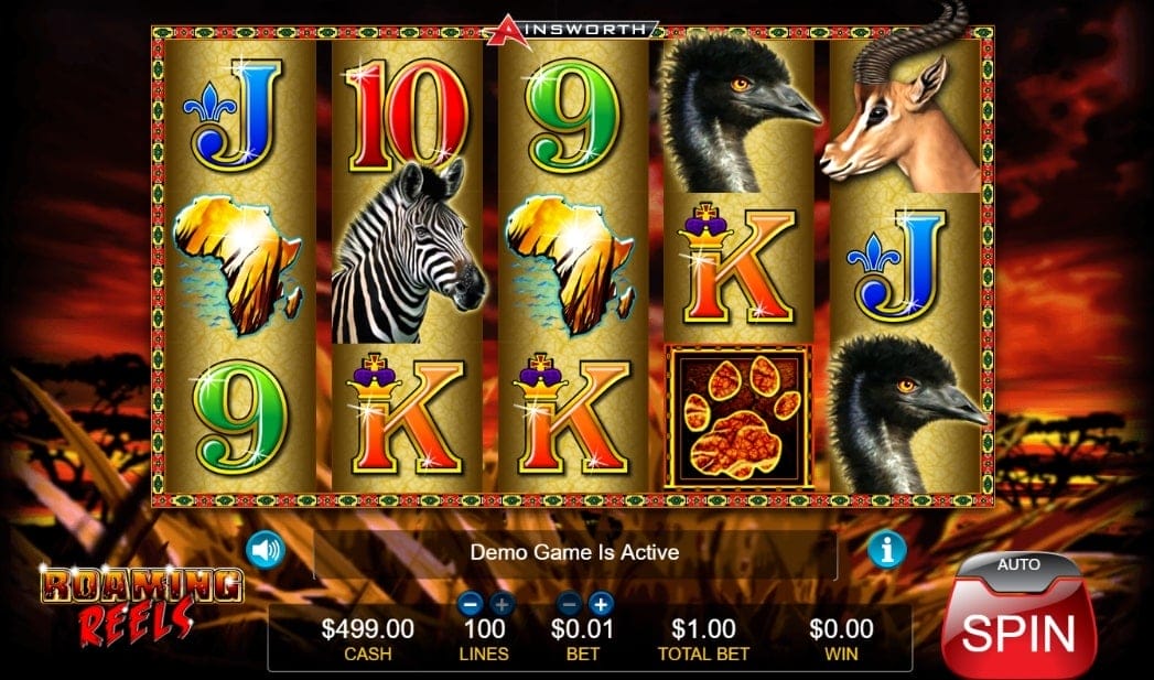 Roaming reels slot screenshot with a zebra, two emus, one gazelle and two illustrations of the African continent.