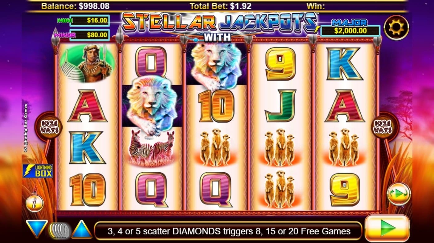 Stellar Jackpots Silver Pride slot screenshot with various wild animals and colorful graphics