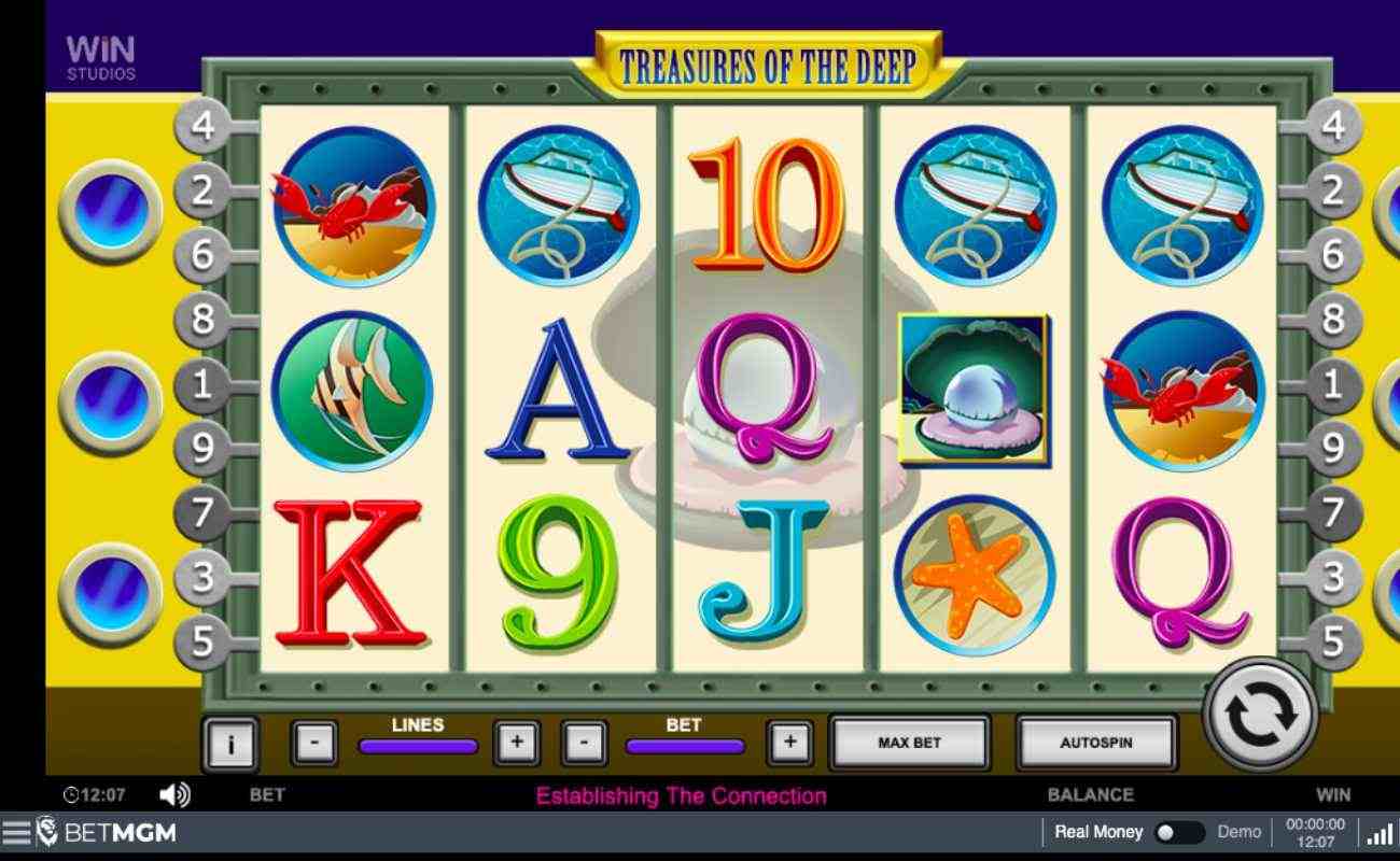 Treasures of the Deep slot screenshot with letters, numbers, and ocean-themed symbols on white reels