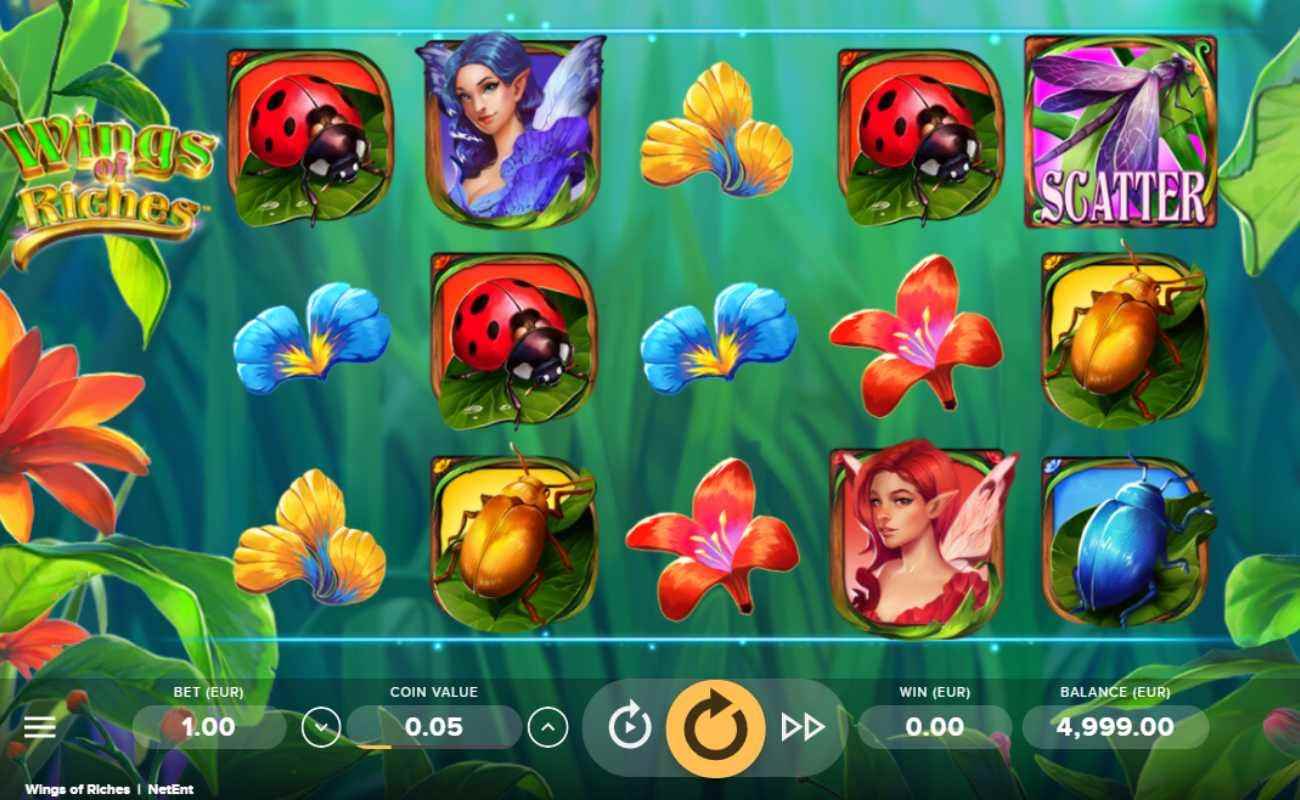Wings of Riches slot screenshot with flower, fairy and insect symbols 