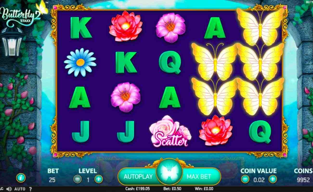 Butterfly Staxx 2 slot screenshot with letters, flowers, and butterflies on reels