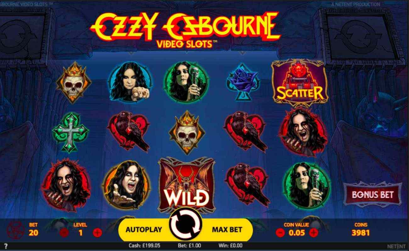 Ozzy Osbourne slot screenshot with crosses, skulls and bird symbols on blue background