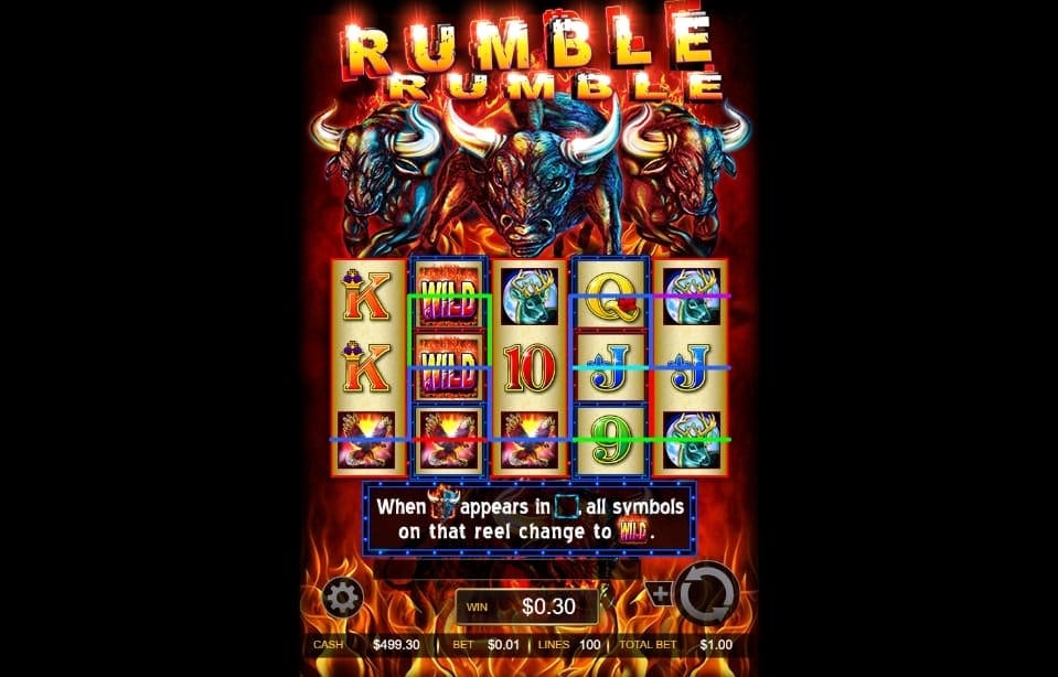 Rumble Rumble slot screenshot with three fire bulls and other wild animals on the screen.