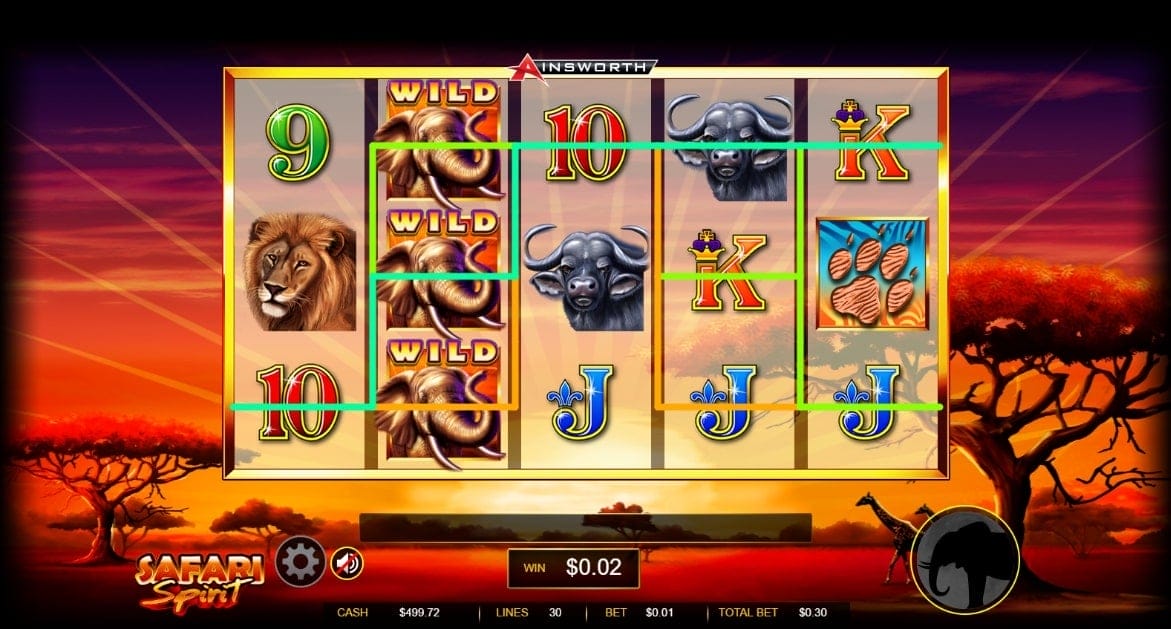 Safari Spirit slot screenshot with graphics of wild animals such as two Cape buffaloes, three elephants and a lion.
