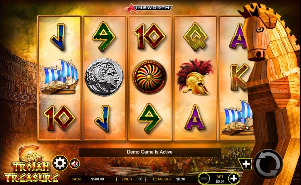 Trojan Treasure slot screenshot with ancient Greece themed graphics and a Trojan horse illustration on the right