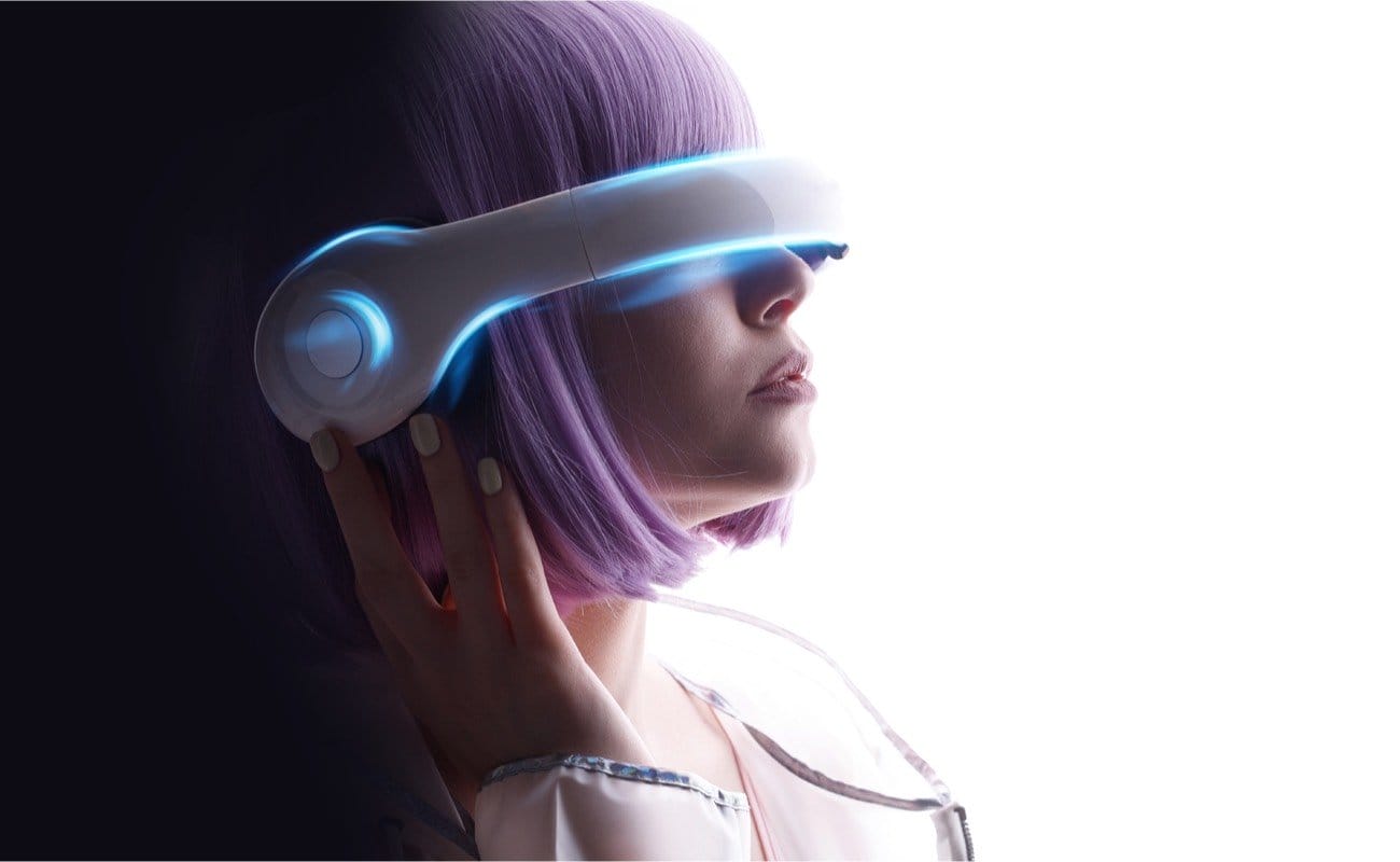 Woman wearing VR glasses in futuristic setting over white background