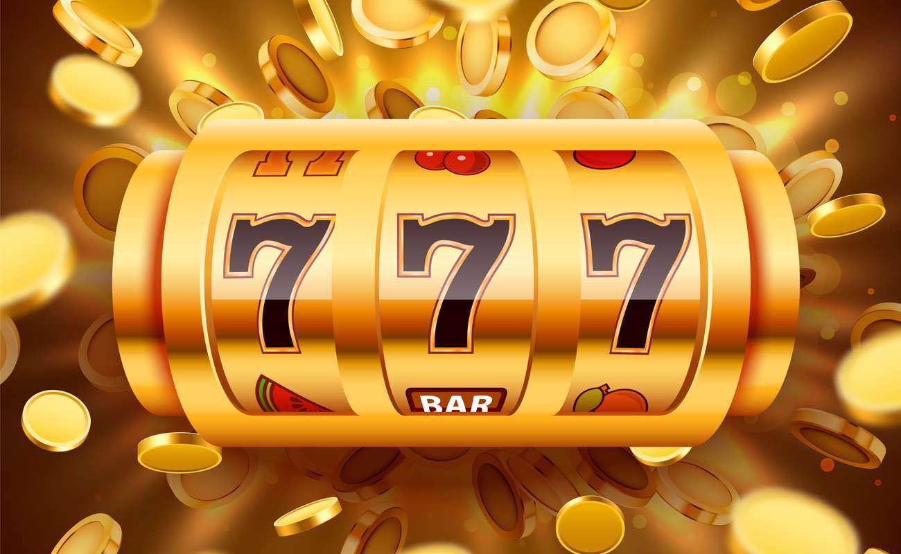 Golden online slots reels with lucky number 7s and gold coins in the background