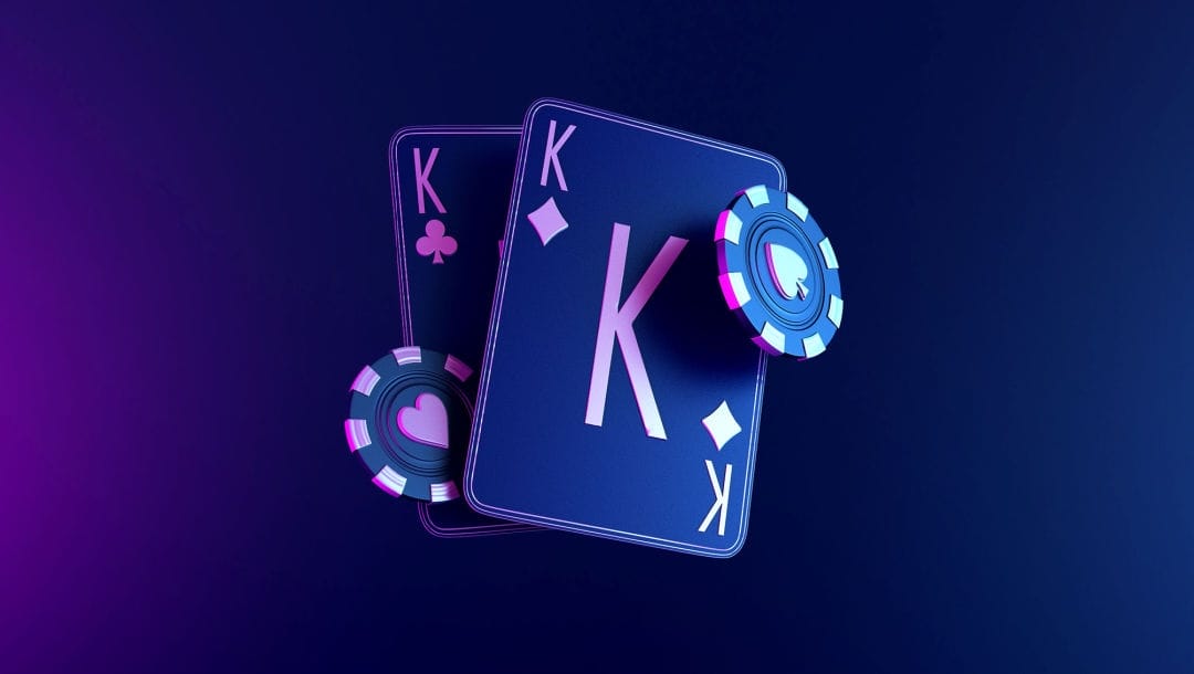 3D rendering of playing cards and two casino chips.