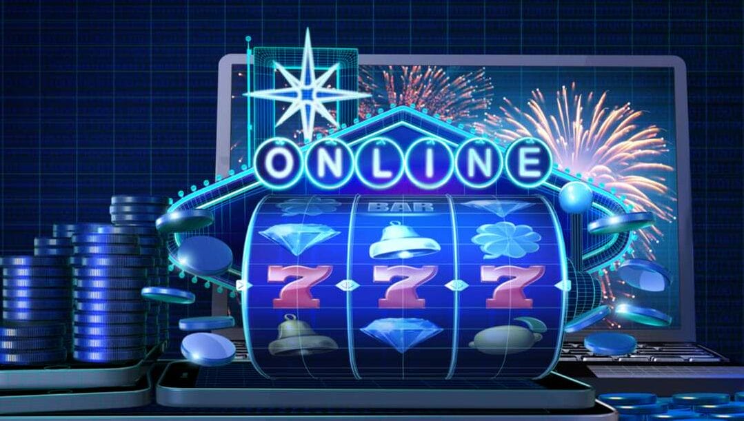 A rendering of an online slot, sitting next to a pile of casino chips in front of a laptop.