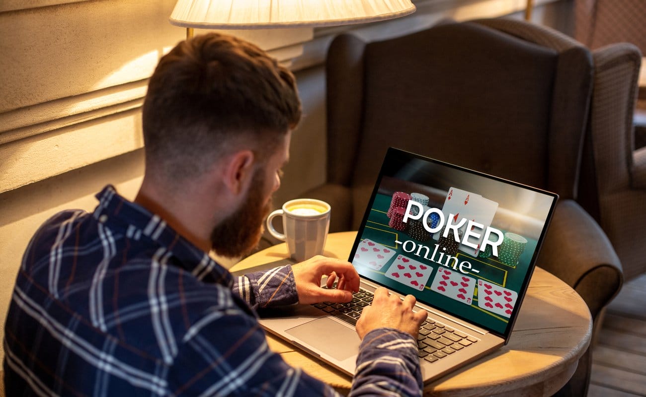 A man plays an online casino poker game on a laptop.