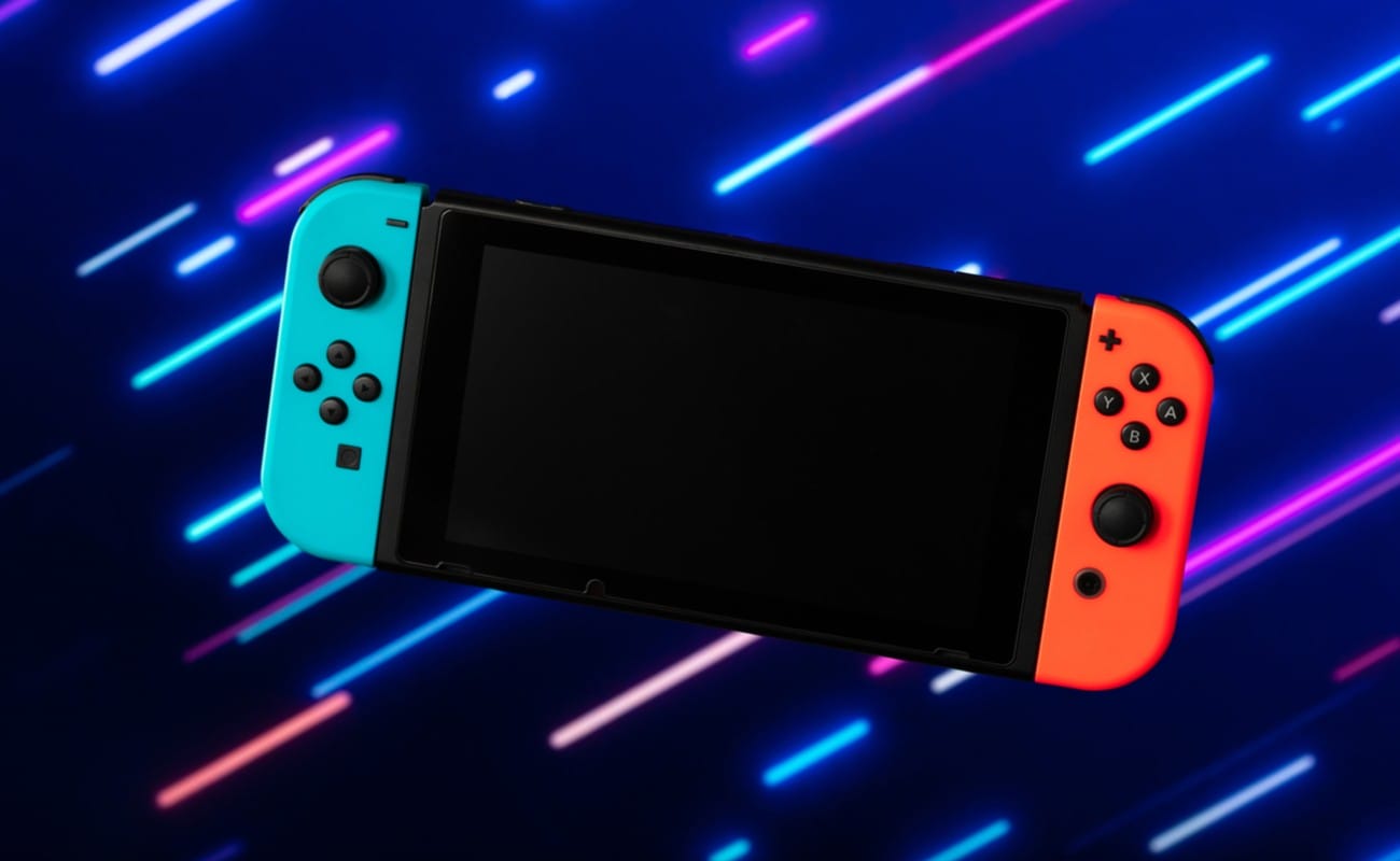A 3D rendering of a Nintendo Switch against a blue background with lights.