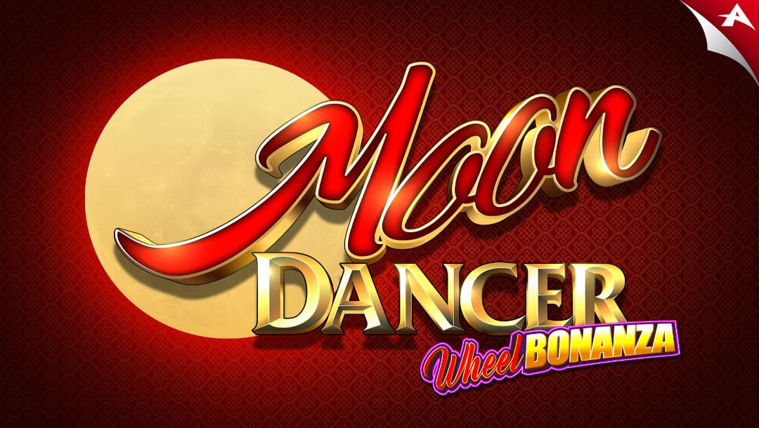 The title screen for the Moon Dancer online slot game featuring the game title spelled out in red and gold letters with a large gold circle behind it, on a red background decorated by intricate patterns.