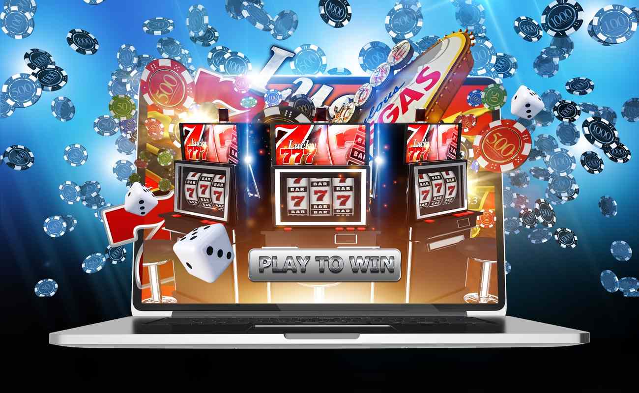 Online casino games, slot machines, casino chips and dice.