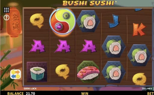 A view of the reels and background of online slot Bushi Sushi.