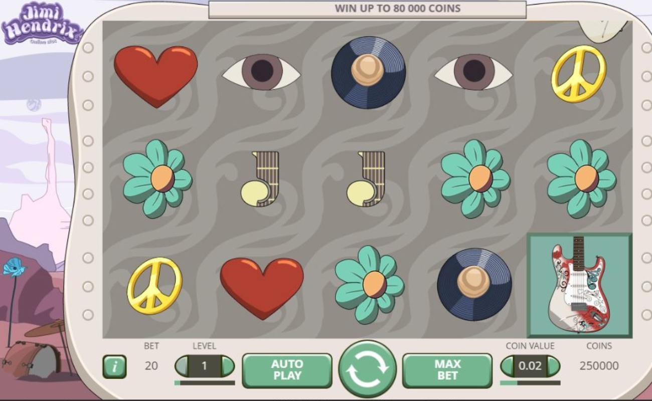 Screenshot of the reels in the Jimi Hendrix online slot game by NetEnt.