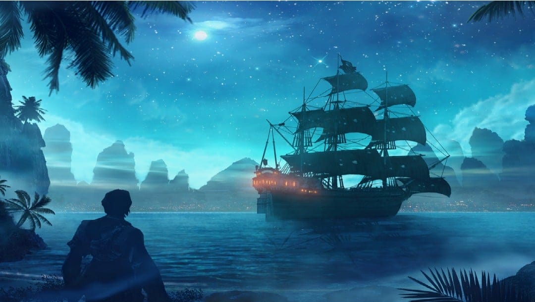A silhouette of a man looking at a ship on the water with palm trees and mountains in the far distance.
