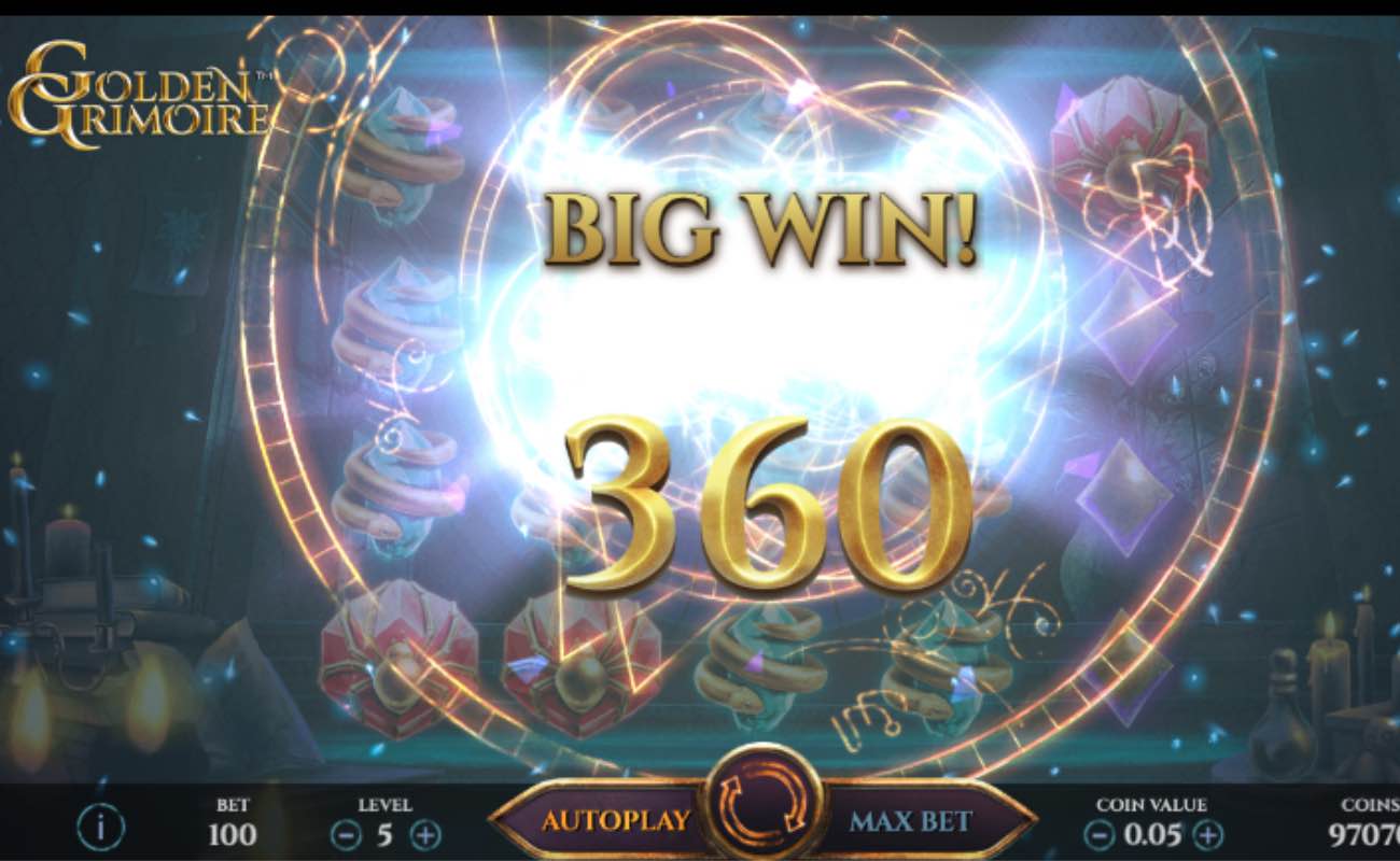 Golden Grimoire online slot game screenshot of win