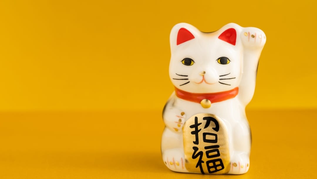 A lucky cat figurine (maneki-neko) against a mustard background.