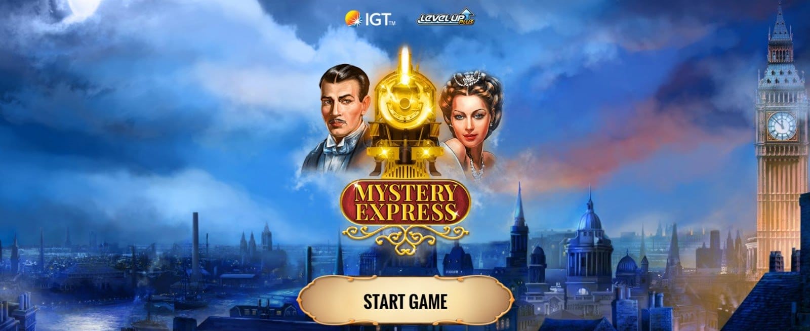 Mystery Express start-up screen showing a lady and gentleman beside a train with a London scene in the background.