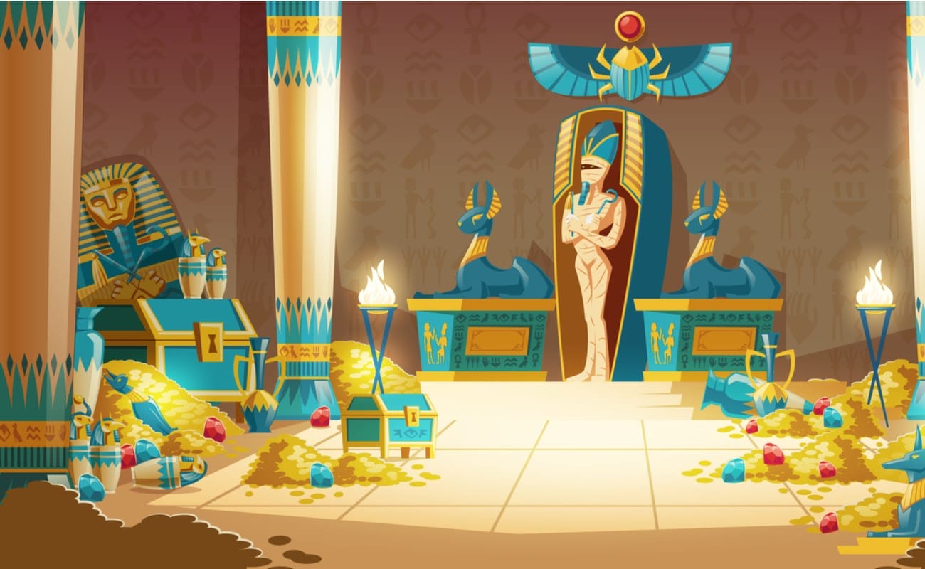 Illustration of an Ancient Egyptian temple filled with treasure.