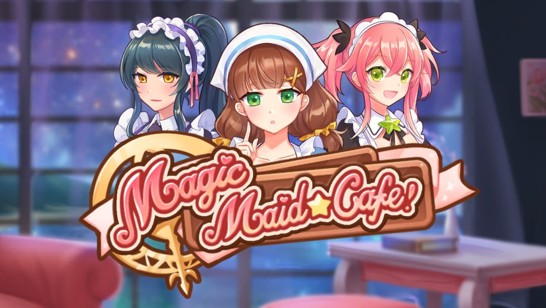 The Title Screen for Magic Maid Cafe, featuring three anime waitresses behind the game logo with a cafe in the background and the night sky seen through the windows.