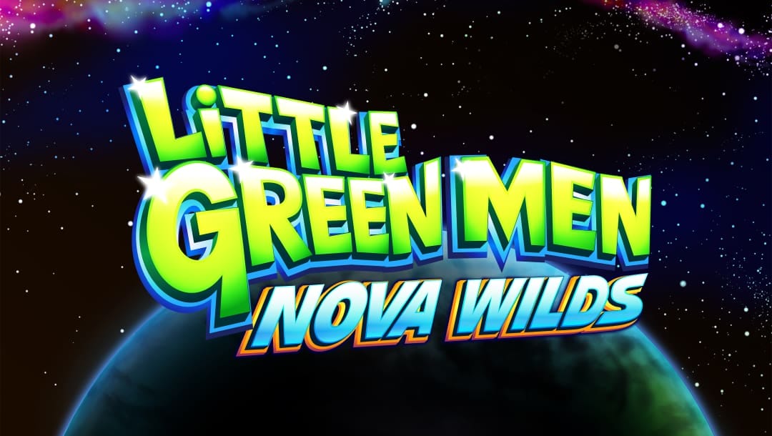 The Little Green Men online slot game loading screen, featuring the game logo, on an outer space themed background.