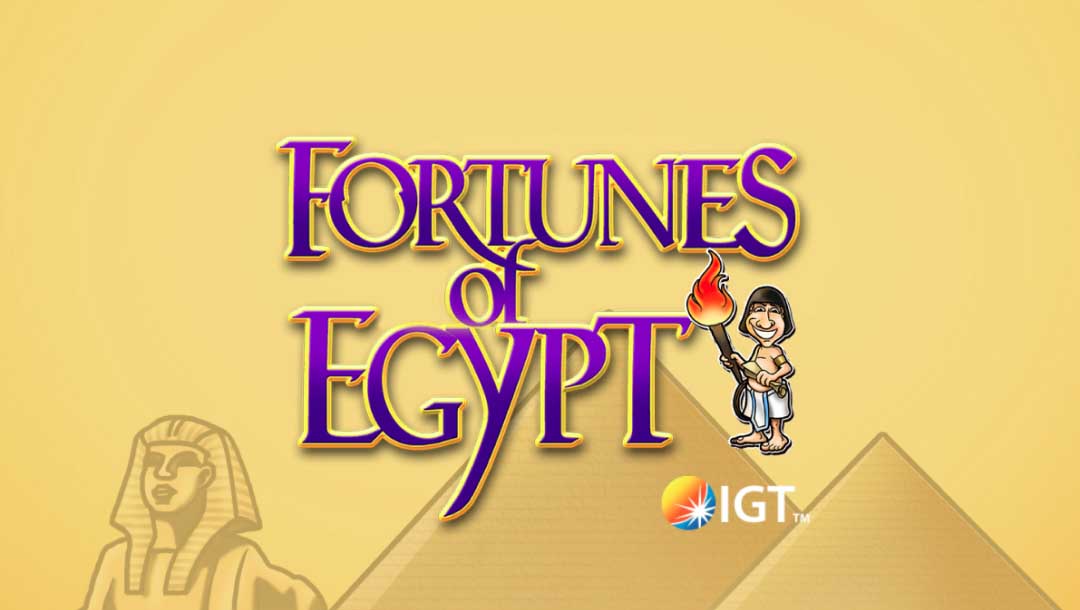 Fortunes of Egypt purple logo against a beige background with pyramids and the Sphinx.